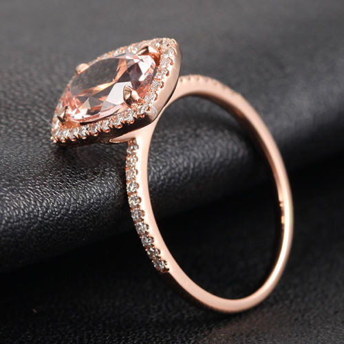 Oval Morganite Engagement Ring Pave Diamond Wedding 14K Rose Gold 7x9mm Cushion Halo - Lord of Gem Rings - 5
