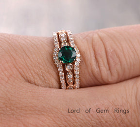 Round Emerald Engagement Ring Pave Diamond Wedding 14K Rose Gold  5mm, Three Row - Lord of Gem Rings - 4
