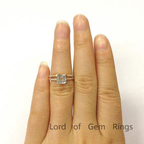 Asscher Aquamarine Engagement Ring Sets Diamond  Wedding Band 14K Rose Gold 6.5mm - Lord of Gem Rings - 5