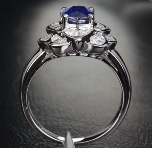 Sapphire Engagement Ring Baguette Diamond Wedding 14k White Gold 1.45ct  Flower - Lord of Gem Rings - 4