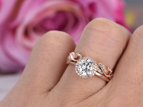 Round Moissanite Floral Diamond Wedding Band Bridal Set