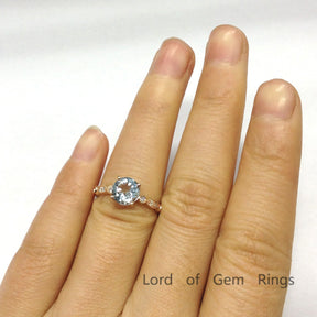 Round Aquamarine Engagement Ring Pave Diamond Weddign 14K Rose Gold 6.5mm, Art Deco Antique - Lord of Gem Rings - 4