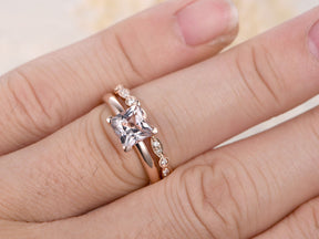 Princess Morganite Engagement Ring Sets Pave Diamond Wedding 14K Rose Gold 7mm - Lord of Gem Rings - 4