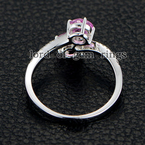 Double Round Pink Sapphire Engagement Ring Pave Diamond Wedding 14K White Gold Curved - Lord of Gem Rings - 4