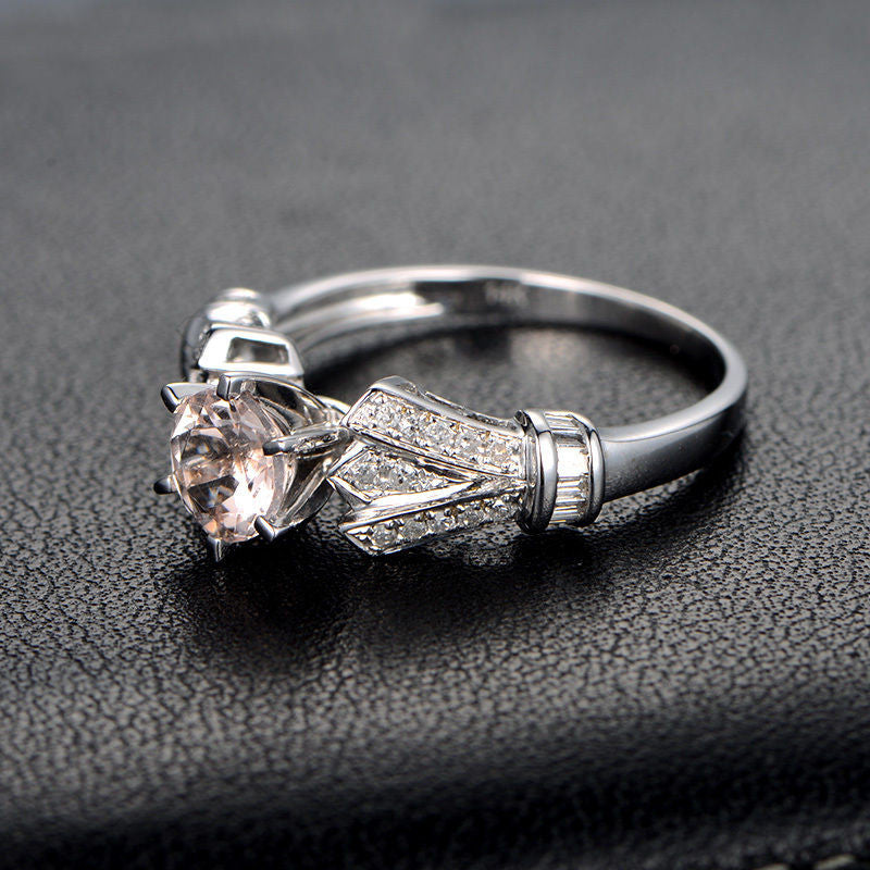 Round Morganite Engagement Ring Diamond Wedding 14K White Gold 6.5mm Antique Art Deco,6 prongs - Lord of Gem Rings - 4