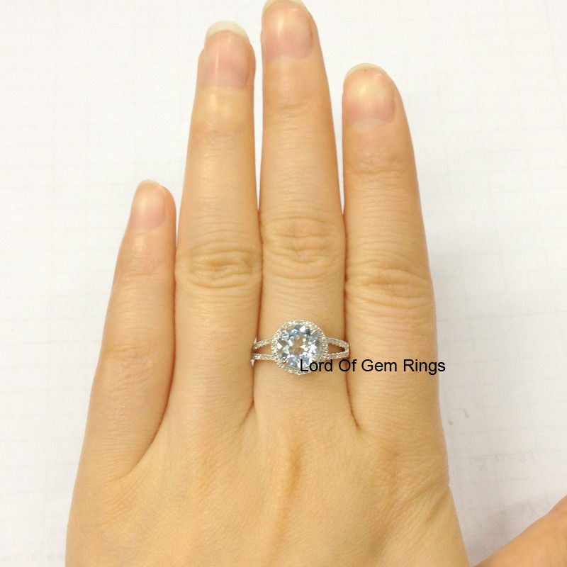 Round Aquamarine Engagement Ring Pave Diamond Wedding 14K White Gold,8mm,Split Shank - Lord of Gem Rings - 4