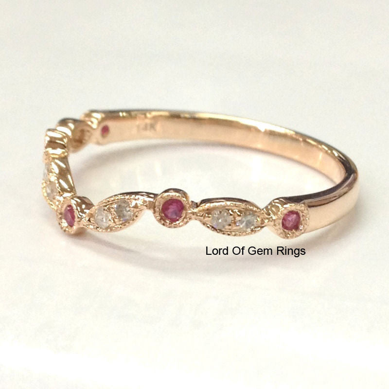 Ruby Diamond Wedding Band Half Eternity Anniversary Ring 14K Rose Gold Art Deco Curved - Lord of Gem Rings - 4