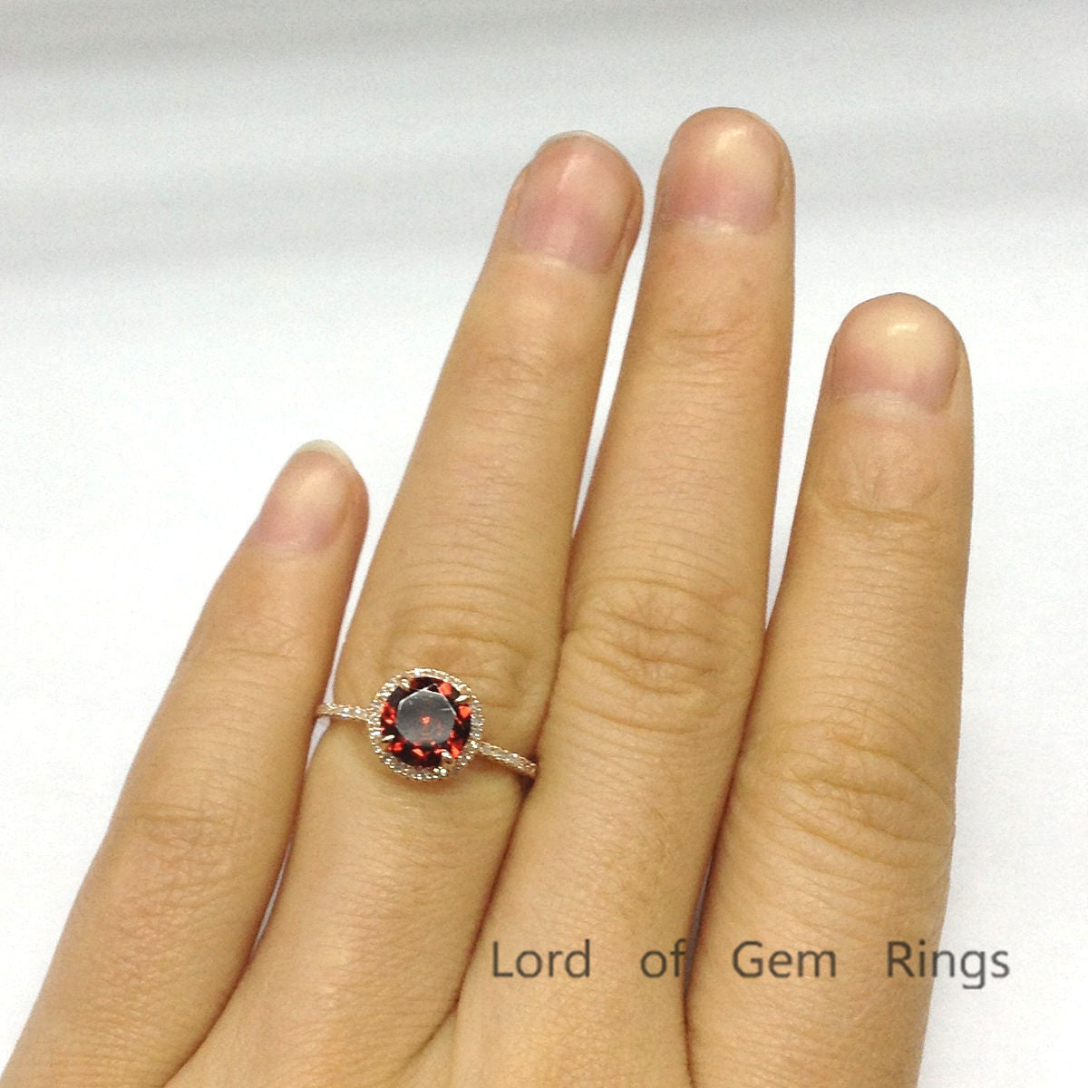 Round Garnet Engagement Ring Pave Diamond Wedding 14K Rose Gold 7mm Claw Prongs - Lord of Gem Rings - 4