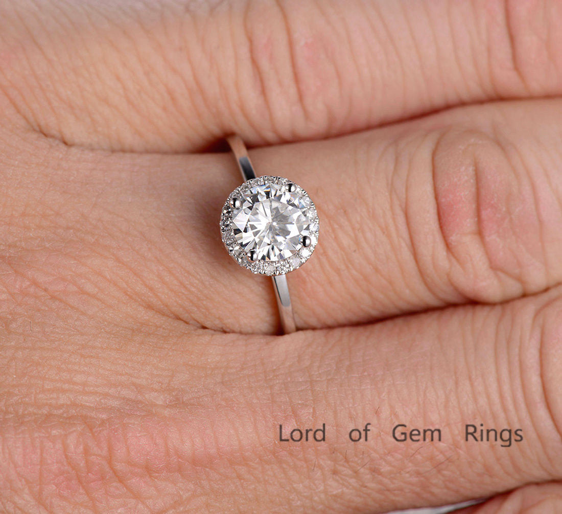 Round Moissanite Engagement Ring Pave Diamond Wedding 14K White Gold 6.5mm - Lord of Gem Rings - 5