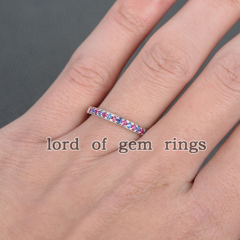 Pave Ruby/Sapphire Wedding Band Half Eternity Anniversary Ring 14K White Gold - Lord of Gem Rings - 4