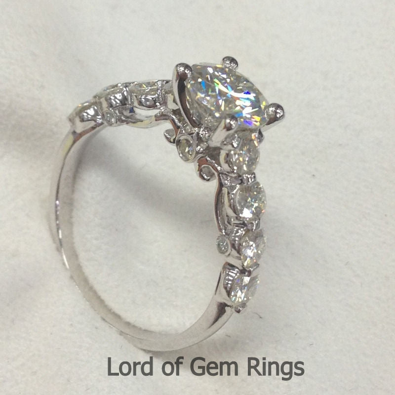 Round Moissanite Engagement Ring 14K White Gold 6.5mm & 3mm - Lord of Gem Rings - 4