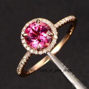 Round Pink Tourmaline Engagement Ring Pave Diamond Wedding 14K Rose Gold 7mm - Lord of Gem Rings - 4