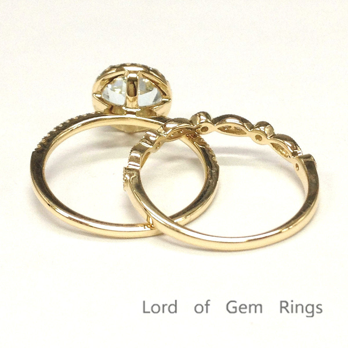Round Aquamarine Engagement Ring Sets Pave Diamond Wedding 14K Yellow Gold 7mm Art Deco Band - Lord of Gem Rings - 4