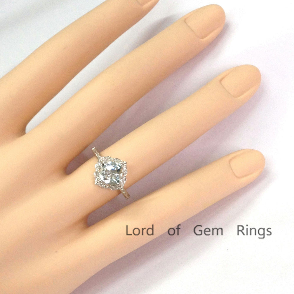 Cushion Aquamarine Engagement Ring Pave Diamond Wedding 14K White Gold 8mm Floral Halo - Lord of Gem Rings - 4