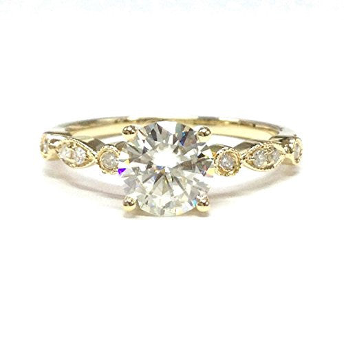 Round Moissanite Engagement Ring Pave Diamond Wedding 14K Yellow Gold,7mm,Art Deco Style - Lord of Gem Rings - 4