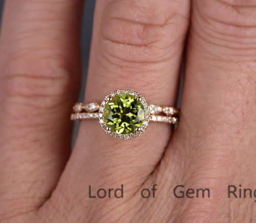 Round Peridot Engagement Ring Sets Pave Diamond Wedding 14K Yellow Gold 7mm - Lord of Gem Rings - 4