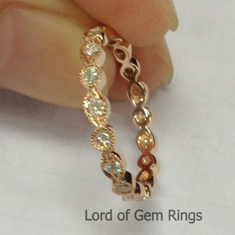 Moissanite Wedding Band Eternity Anniversary Ring 18K Rose Gold, Bezel, Art Deco Antique - Lord of Gem Rings - 4