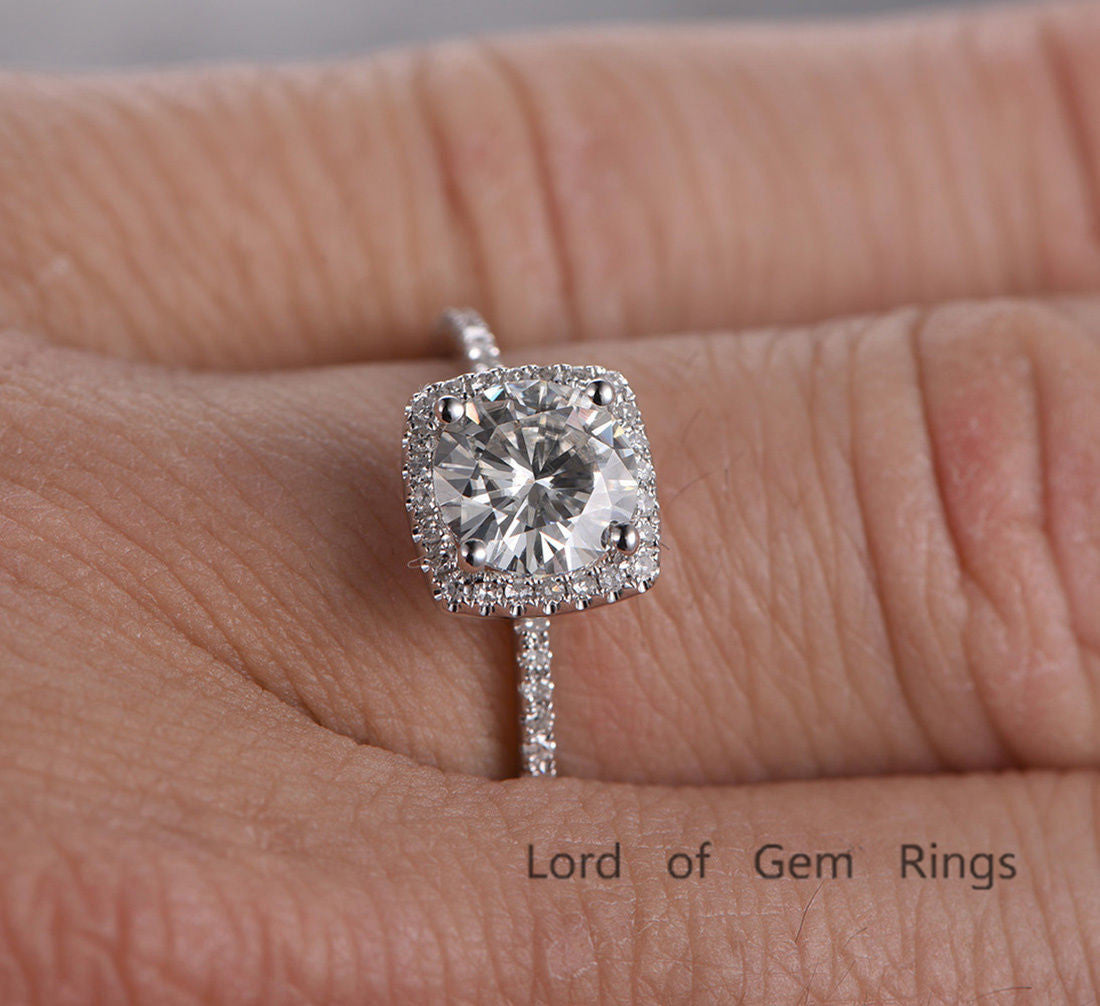 Round Moissanite Engagement Ring Pave Diamond Wedding 14K White Gold 6.5mm Cushion Halo - Lord of Gem Rings - 4