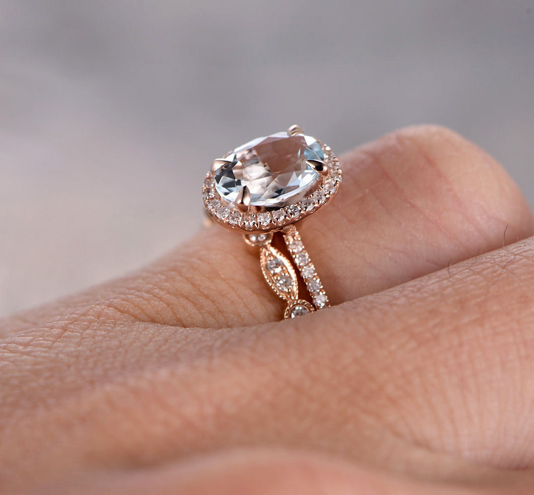 Oval Aquamarine Engagement Ring Sets Pave Diamond Wedding 14K Rose Gold 6x8mm Art Deco - Lord of Gem Rings - 4