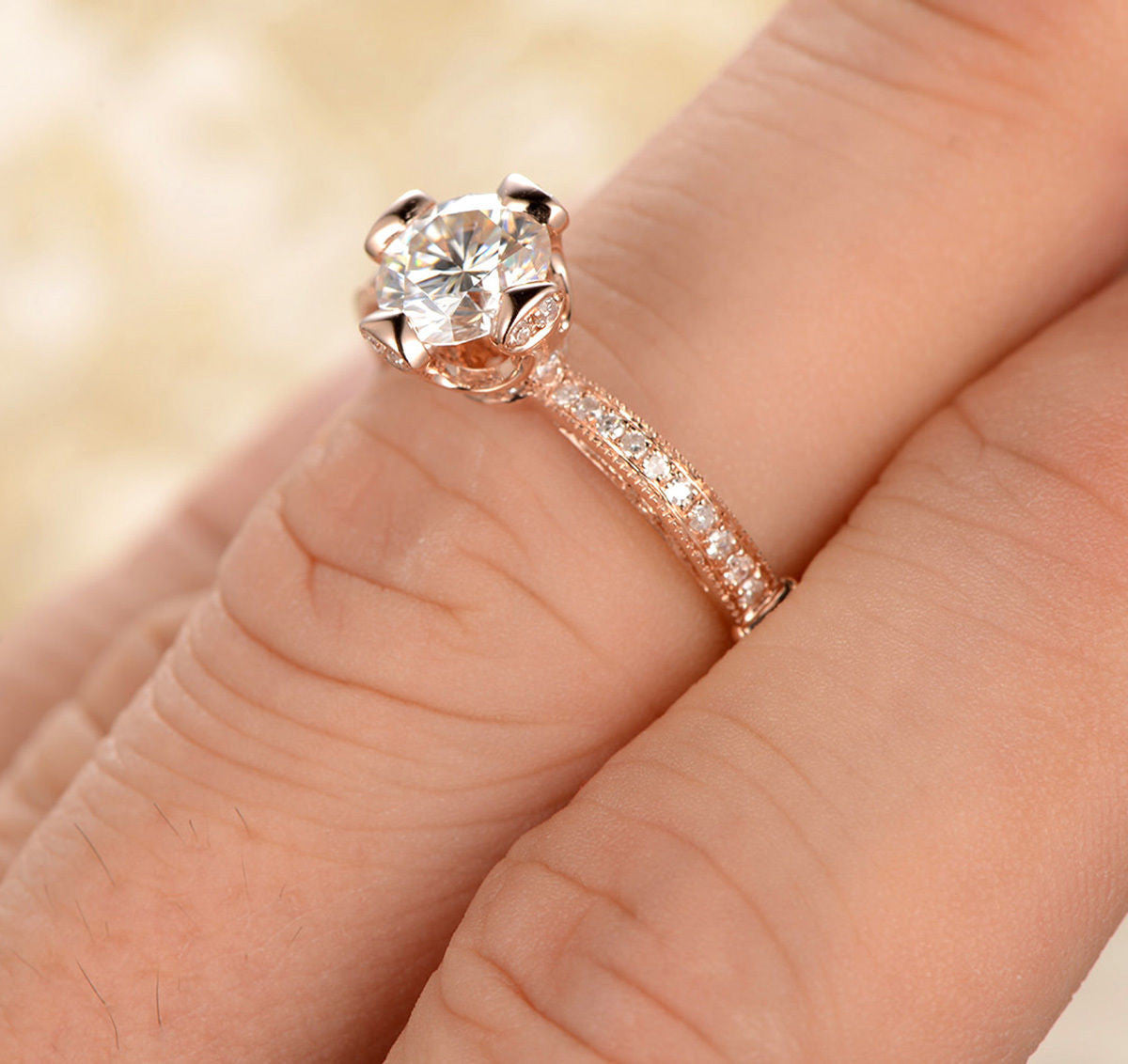 Round FB Moissanite Engagement Ring Pave Diamond Wedding 14K Rose Gold 6.5mm - Lord of Gem Rings - 4