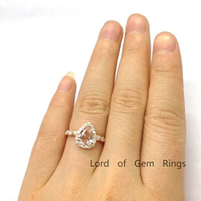 Pear Morganite Engagement Ring Pave Moissanite Wedding 14K Rose Gold,6x8mm,Art Deco Style,Eternity - Lord of Gem Rings - 4