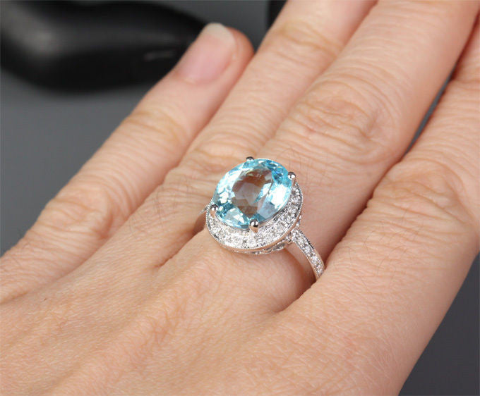 Oval Aquamarine Engagement Ring Pave Diamond Wedding 14K White Gold,10x12mm - Lord of Gem Rings - 4