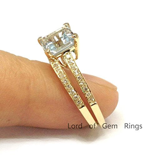 Asscher Cut Aquamarine Engagement Ring Sets Pave Diamond Wedding 14K Yellow Gold,6.5mm - Lord of Gem Rings - 4
