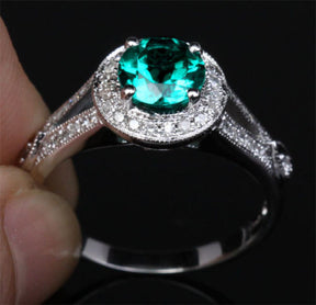 Round Emerald  Engagement Ring Pave Diamond Wedding 14K White Gold Milgrainin,Spilit Shank - Lord of Gem Rings - 4