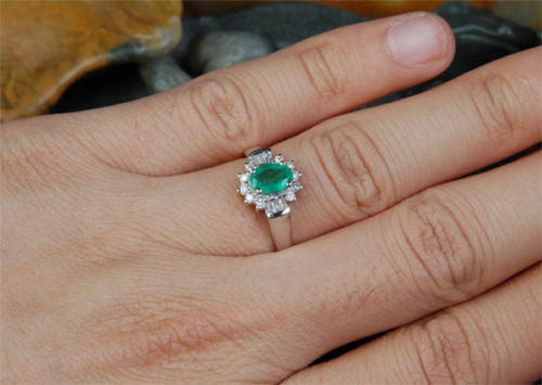 Oval Emerald Engagement Ring Baguette/Round Diamond Wedding 14K White Gold Flower - Lord of Gem Rings - 4