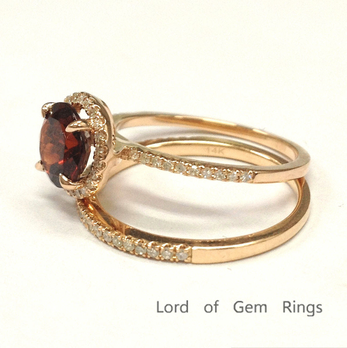 Round Garnet Engagement Ring Sets Pave Diamond Wedding 14K Rose Gold 7mm - Lord of Gem Rings - 4