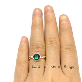 Round Emerald Engagement Ring Sets Pave Diamond Wedding 14k Rose Gold 7mm - Lord of Gem Rings - 4