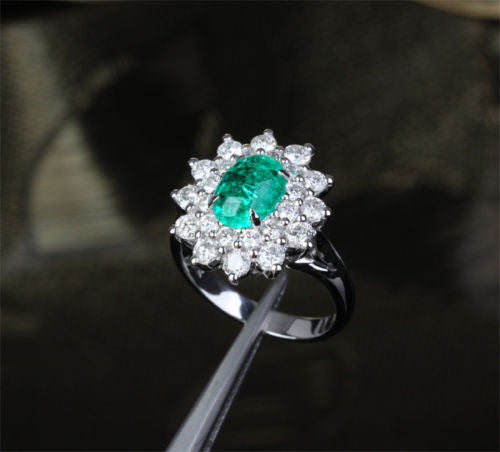 Oval Emerald Engagement Ring Diamond Wedding 14k White Gold Flower - Lord of Gem Rings - 4