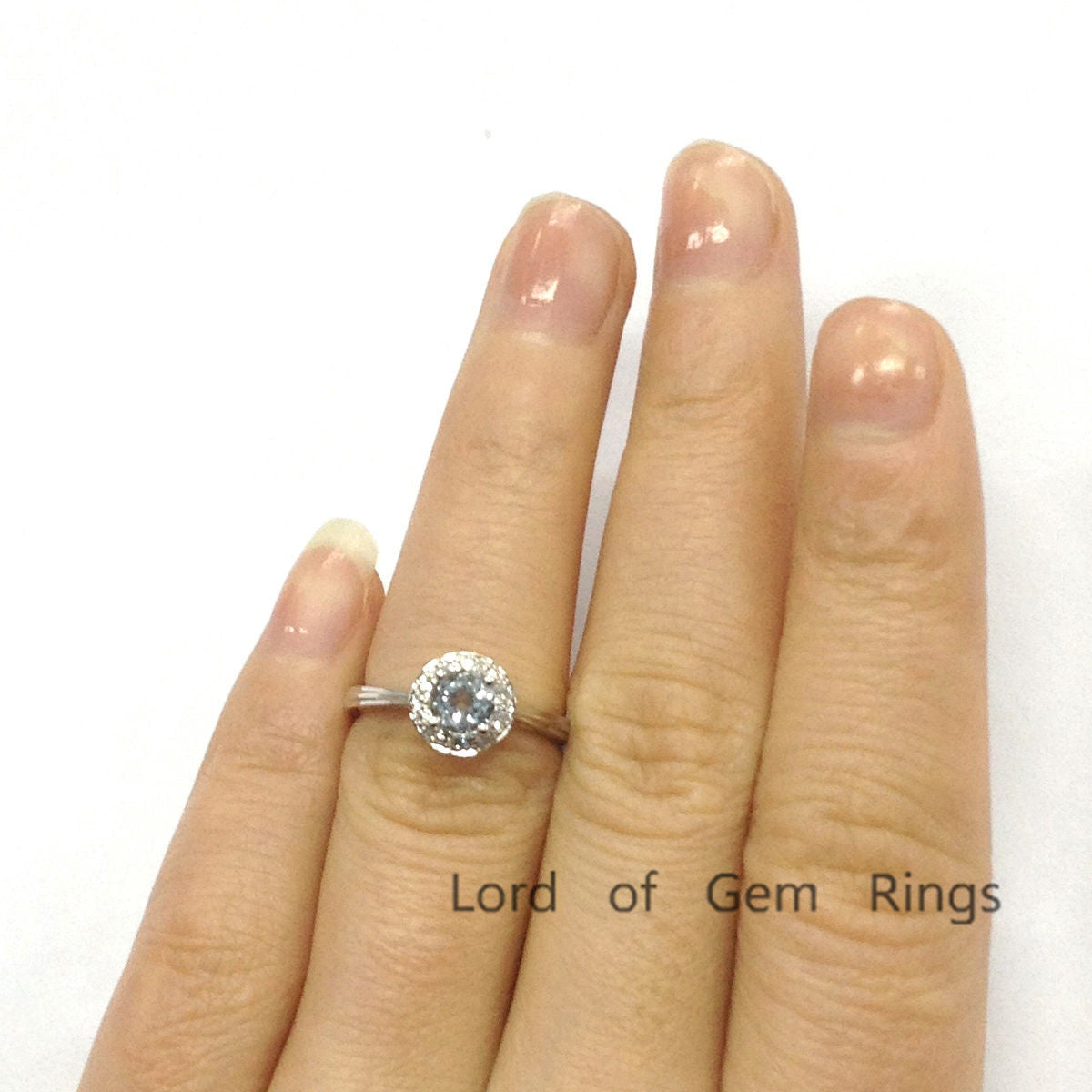 Round Aquamarine Engagement Ring Pave Diamond Halo 14K White Gold 5mm - Lord of Gem Rings - 4