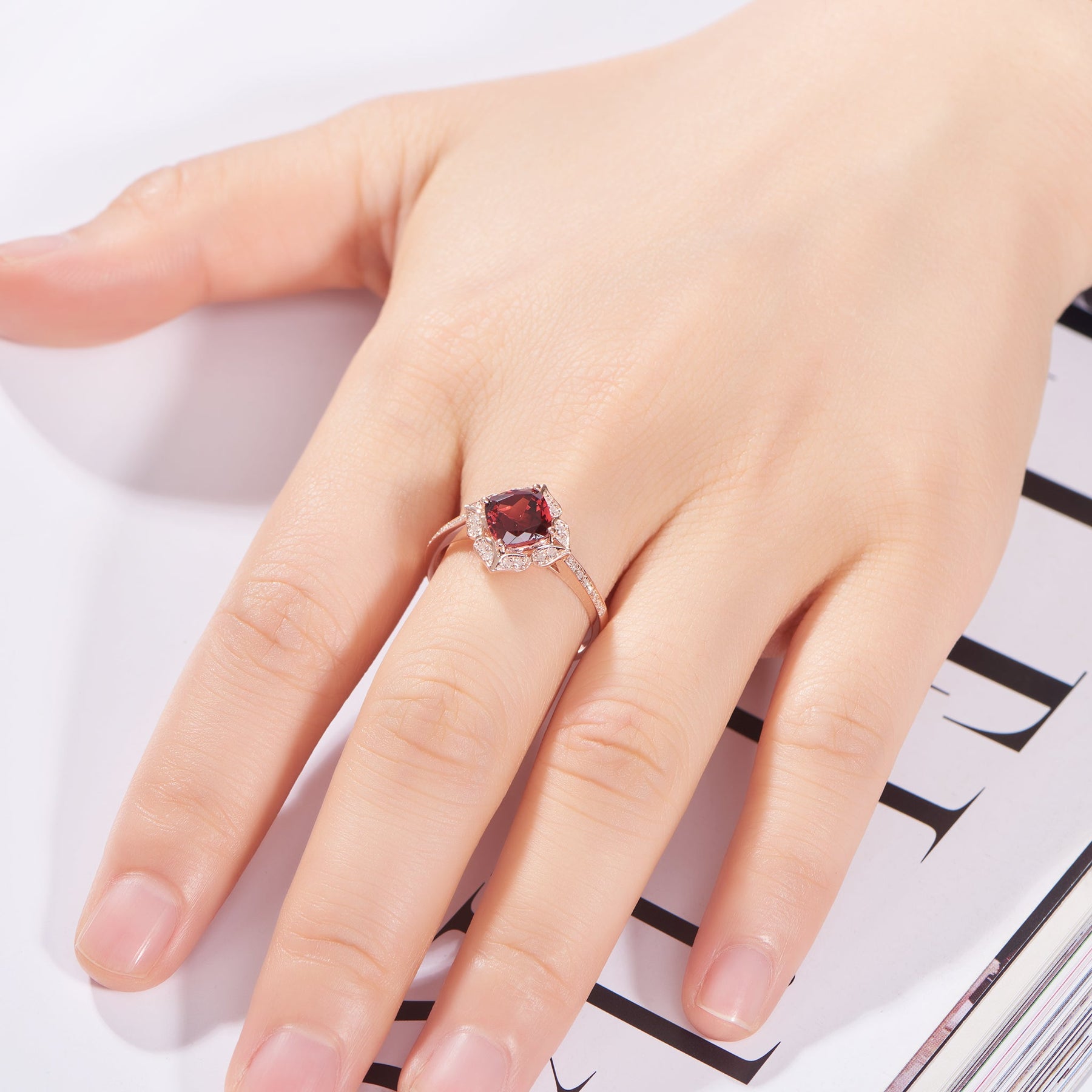 Vintage Cushion Red Garnet Floral Diamond Halo Engagement Ring