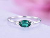 Three-Stone Dainty Oval Emerald Diamond Engagement Ring