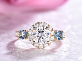 Round Moissanite London Blue Topaz Three Stone Ring