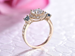 Round Moissanite London Blue Topaz Three Stone Ring