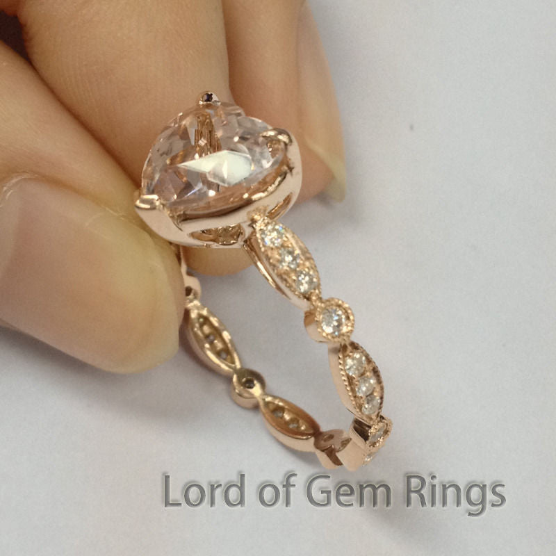 Heart Morganite Engagement Ring Sets Pave Diamond Wedding 14K Rose Gold 8mm Enternity Vintage Style - Lord of Gem Rings - 2