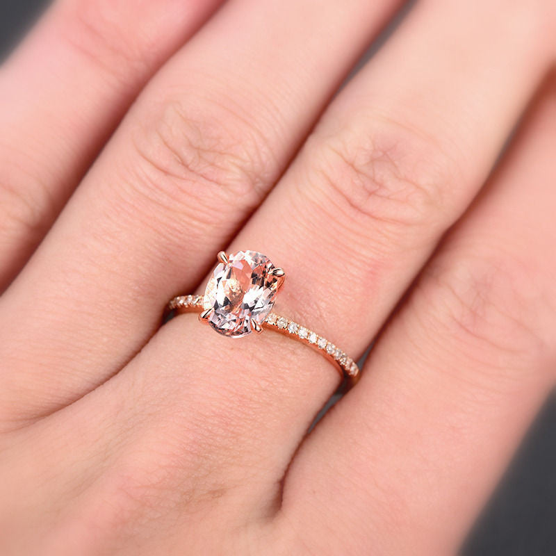 Oval Morganite Engament Ring Pave Diamond Wedding 14k Rose Gold 6x8mm - Lord of Gem Rings - 4