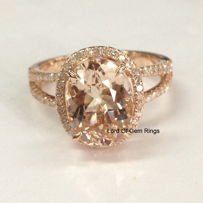 Oval Morganite Engagement Ring Pave Diamond Wedding 14K Rose Gold 8x10mm Split Shank - Lord of Gem Rings - 2