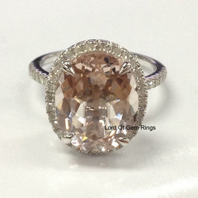 Reserved for Ceara Oval  Morganite Engagement Ring Pave Diamond Halo 14K White Gold 8x12mm - Lord of Gem Rings - 3