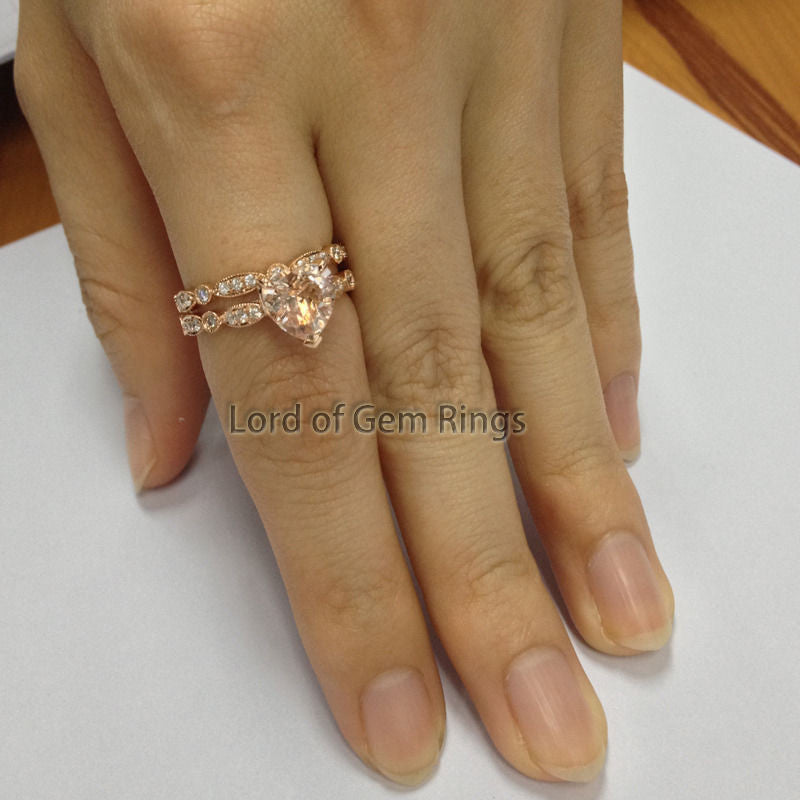Heart Morganite Engagement Ring Sets Pave Diamond Wedding 14K Rose Gold 8mm Enternity Vintage Style - Lord of Gem Rings - 1
