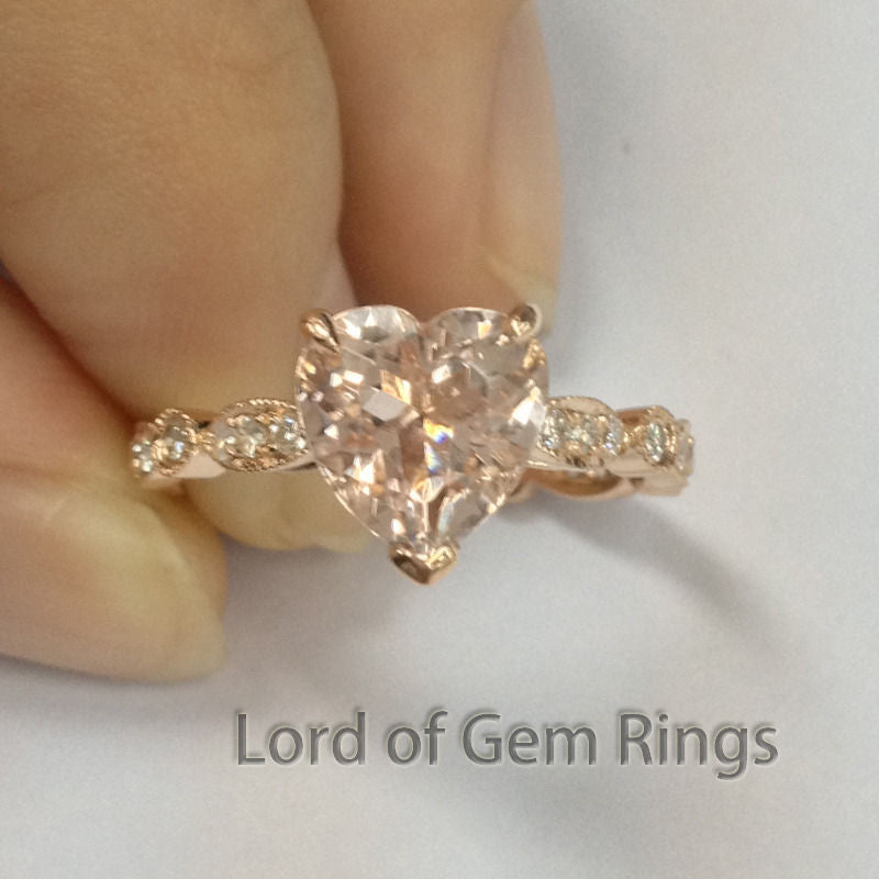Heart Morganite Engagement Ring Sets Pave Diamond Wedding 14K Rose Gold 8mm Enternity Vintage Style - Lord of Gem Rings - 5
