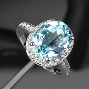 Oval Aquamarine Engagement Ring Pave Diamond Wedding 14K White Gold,10x12mm - Lord of Gem Rings - 5