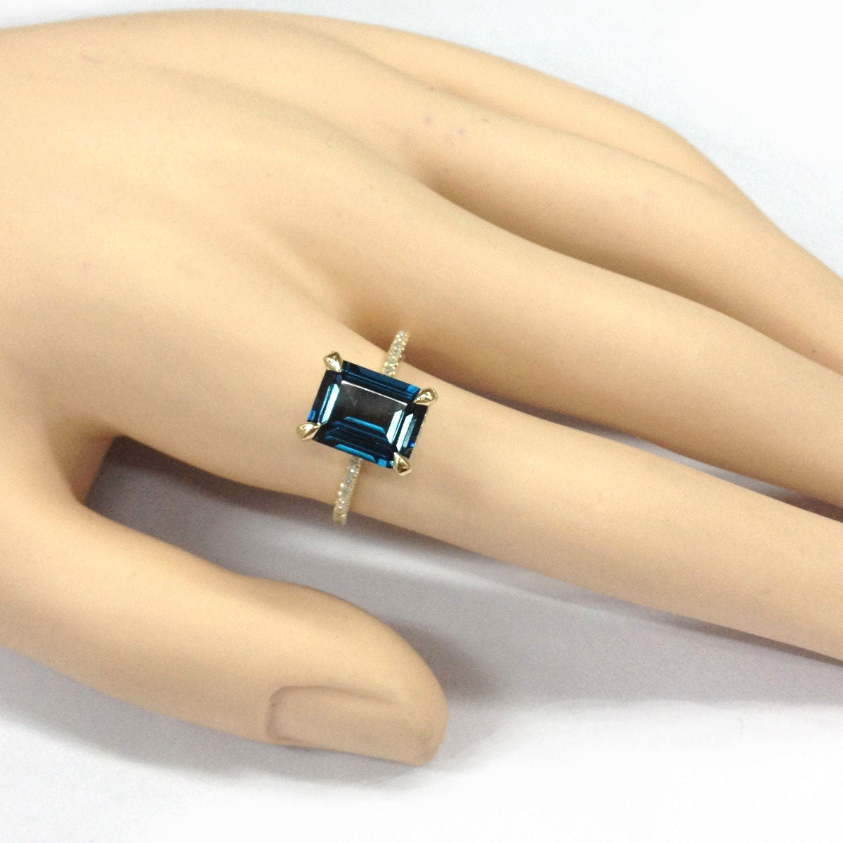 Emerald Cut London Blue Topaz Engagement Ring Pave Diamond Wedding 14K Yellow Gold 8x10mm - Lord of Gem Rings - 5