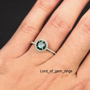 Round Blue Tourmaline Engagement Ring Pave Diamond Wedding 14K White Gold 7mm - Lord of Gem Rings - 5