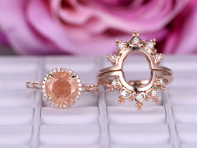 Round Sunstone Engagement Ring Bridal Trio Sets Moissanite Tiara Wedding 14K Rose Gold 9mm