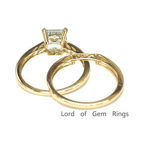 Asscher Cut Aquamarine Engagement Ring Sets Pave Diamond Wedding 14K Yellow Gold,6.5mm - Lord of Gem Rings - 5