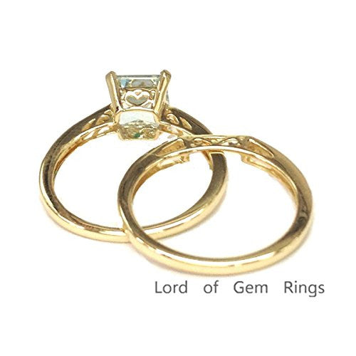 Asscher Cut Aquamarine Engagement Ring Sets Pave Diamond Wedding 14K Yellow Gold,6.5mm - Lord of Gem Rings - 5