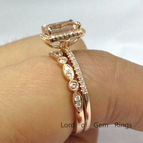 Emerald Cut Morganite Engagement Ring Sets Pave  Diamond Wedding 14K Rose Gold 6x8mm  Art Deco - Lord of Gem Rings - 5